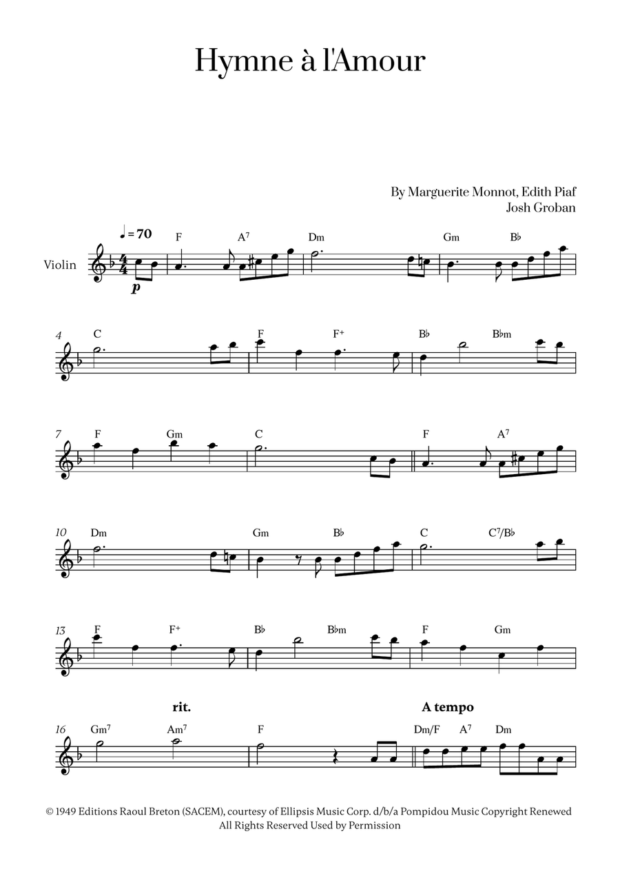 Hymne A L'amour Violin Solo scores gallery preview page 1
