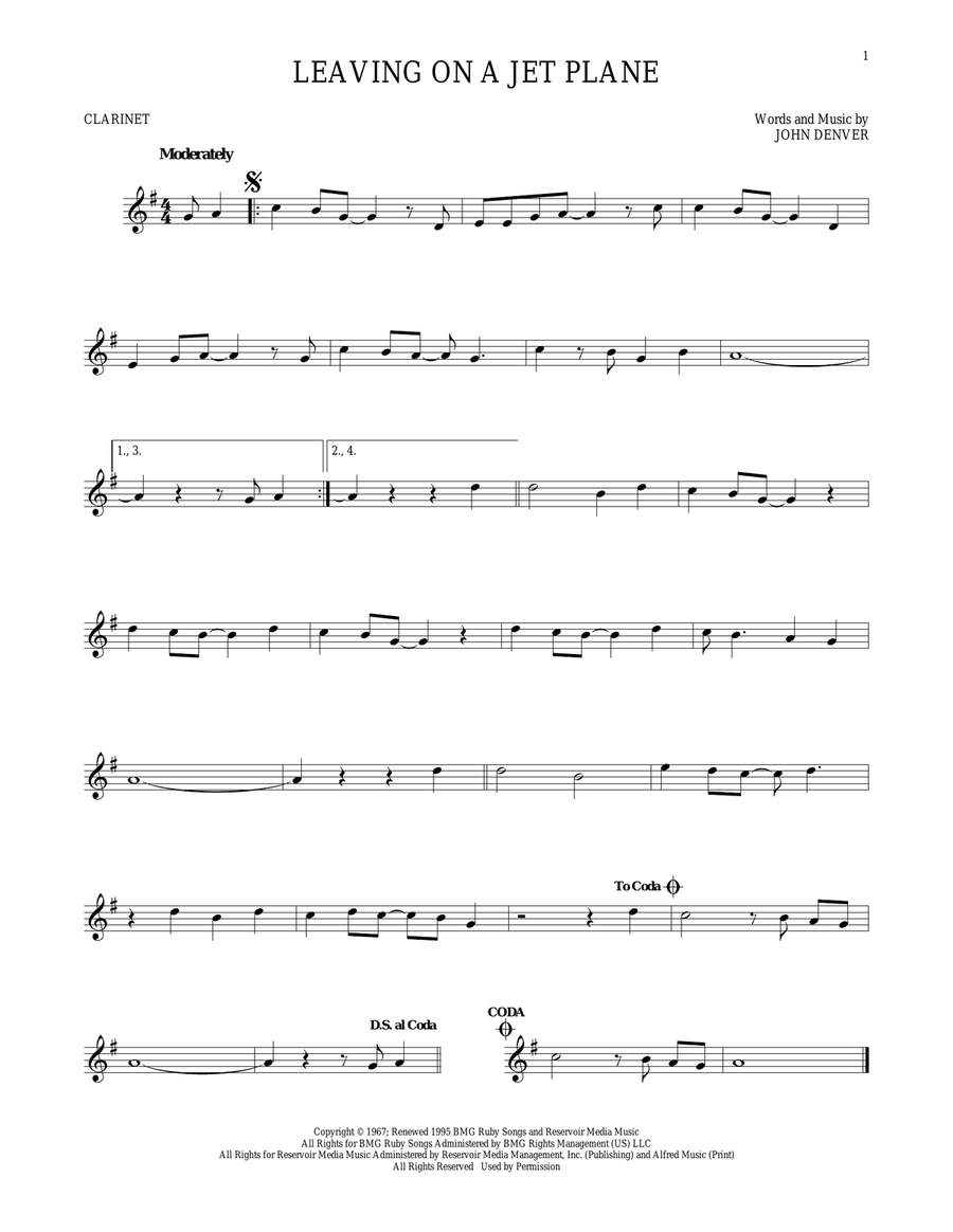 Leaving On A Jet Plane Clarinet Solo scores gallery preview page 1