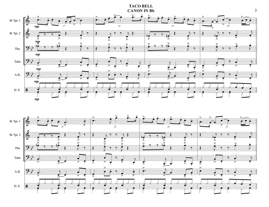 TACO BELL CANON IN Bb - Brass Quartet with optional Acoustic Bass and Drum Set parts - Bossa Nova Small Ensemble scores gallery preview page 3