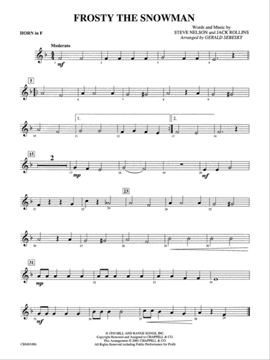 Frosty the Snowman: 1st F Horn Concert Band scores gallery preview page 1