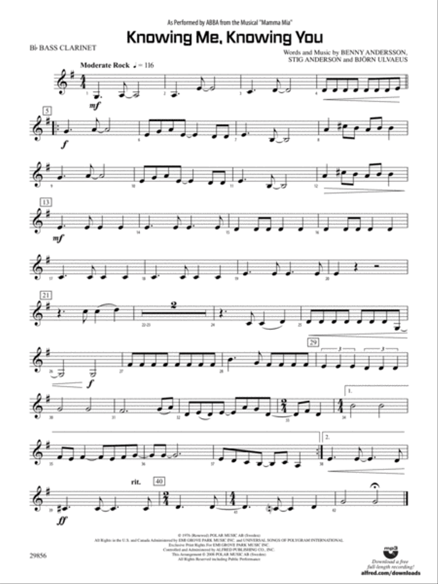 Knowing Me, Knowing You (As performed by ABBA from the musical Mamma Mia): B-flat Bass Clarinet Concert Band scores gallery preview page 1