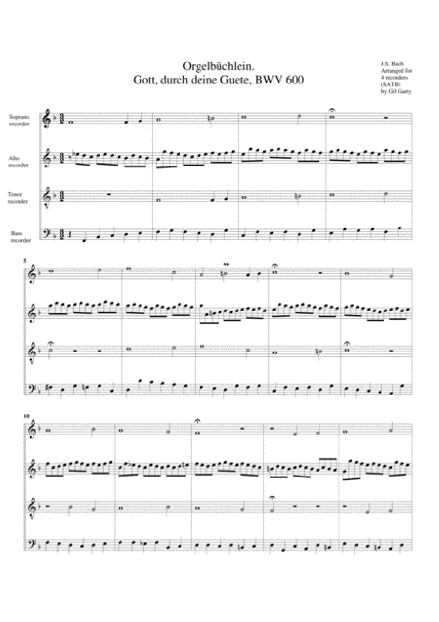 Gott, durch deine Guete, BWV 600 from Orgelbuechlein (arrangement for 4 recorders) Recorder scores gallery preview page 1