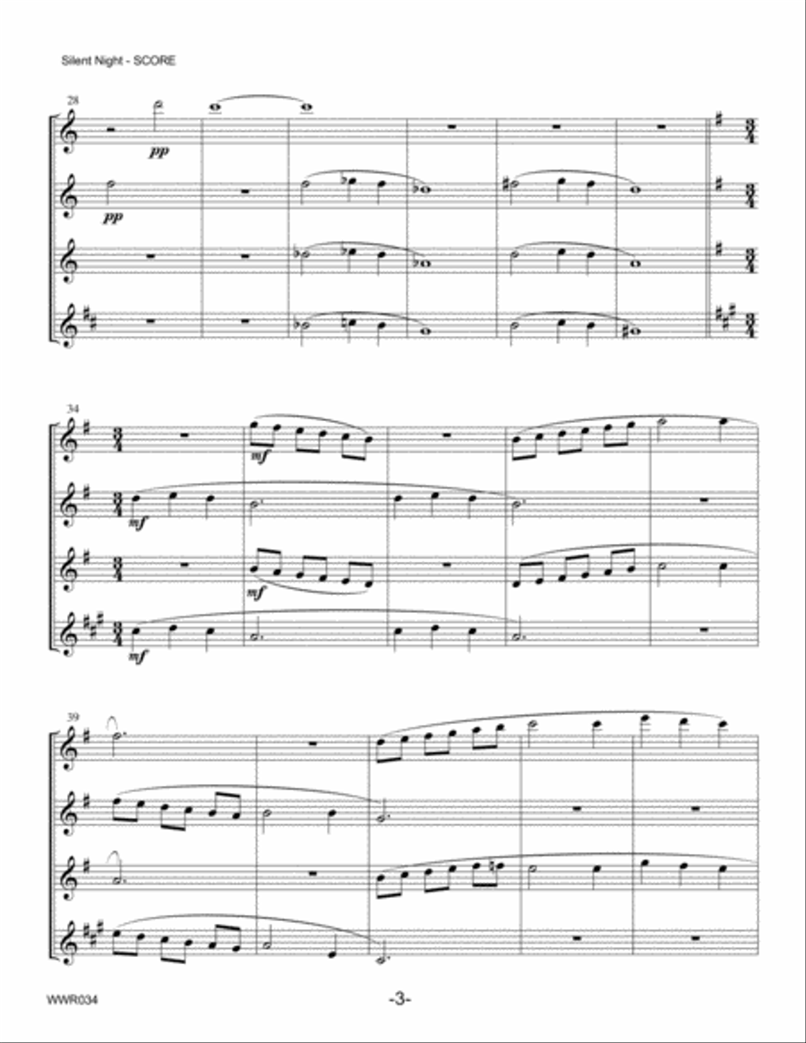 SILENT NIGHT - unaccompanied WOODWIND QUARTET (2 Flutes, Oboe & Clarinet) Woodwind Quartet scores gallery preview page 3