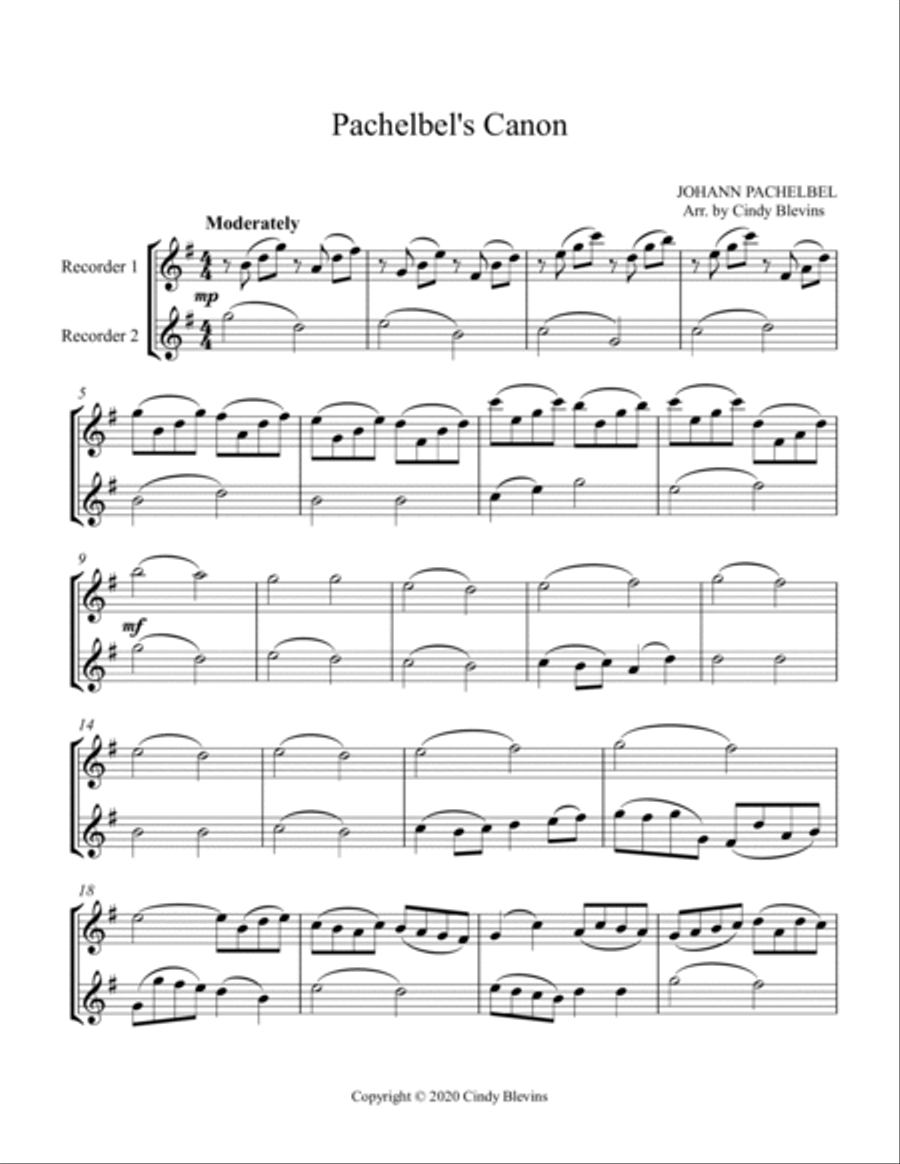 Pachelbel's Canon, Recorder Duet Woodwind Duet scores gallery preview page 2