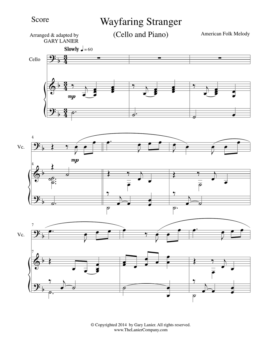 WAYFARING STRANGER (Cello/Piano and Cello Part) Piano scores gallery preview page 1