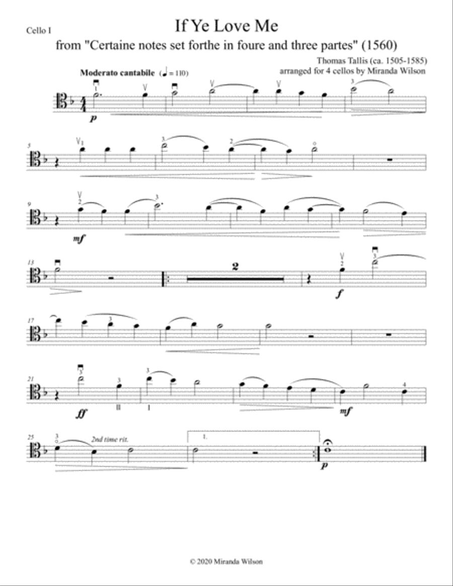 Thomas Tallis, If Ye Love Me for 4 Cellos String Quartet scores gallery preview page 1