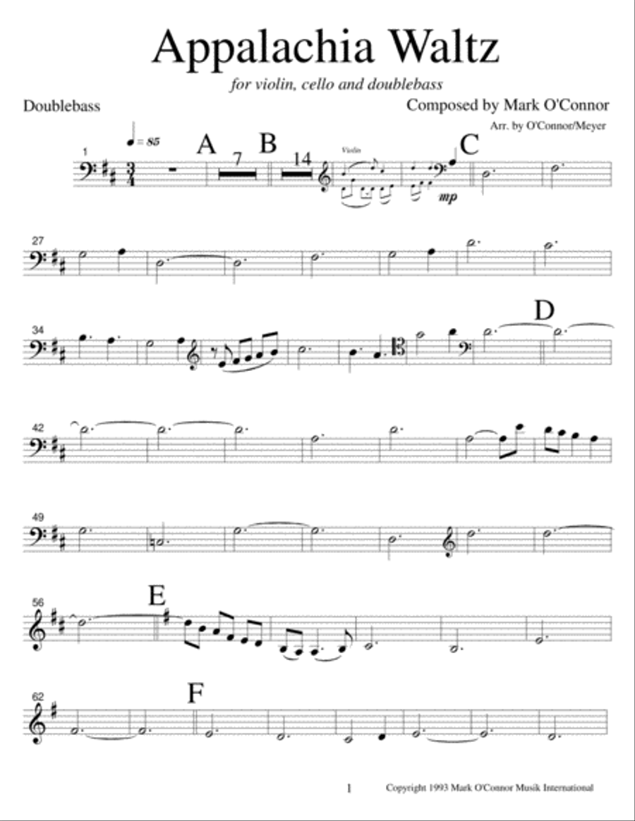 Appalachia Waltz (double bass part - vln, cel, bs) String Trio scores gallery preview page 4