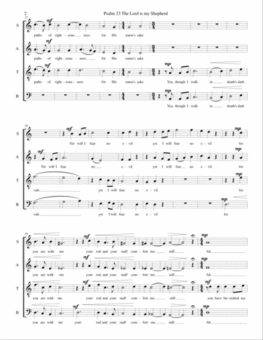 English version of Psalm 23 (The Lord is my shepherd) in Dorian mode for SATB choir 4-Part scores gallery preview page 2