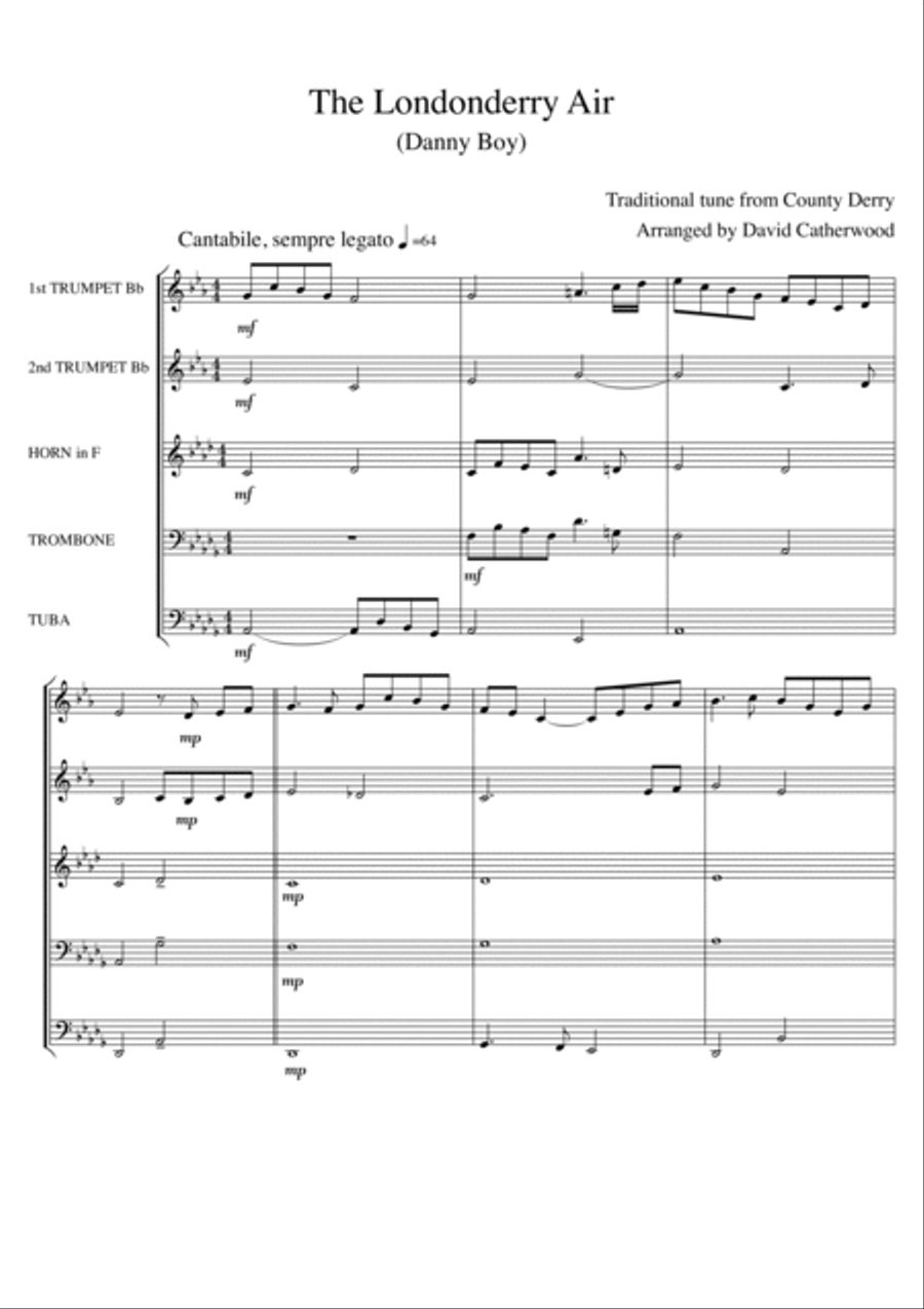 The Londonderry Air (Danny Boy) tune from County Derry arranged for Brass Quintet (or brass band) Brass Quintet scores gallery preview page 1