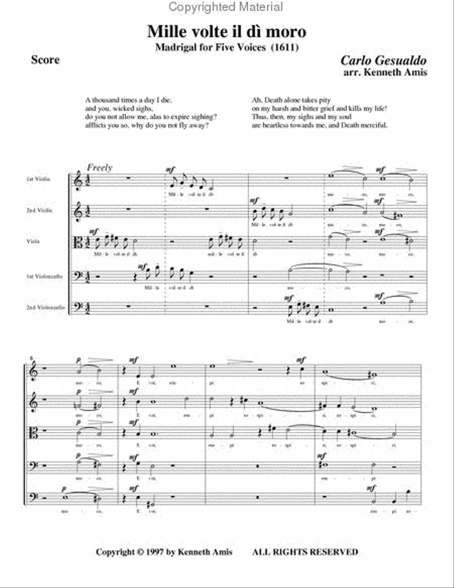 Mille volte il dì moro (for string quintet) String Quintet scores gallery preview page 2