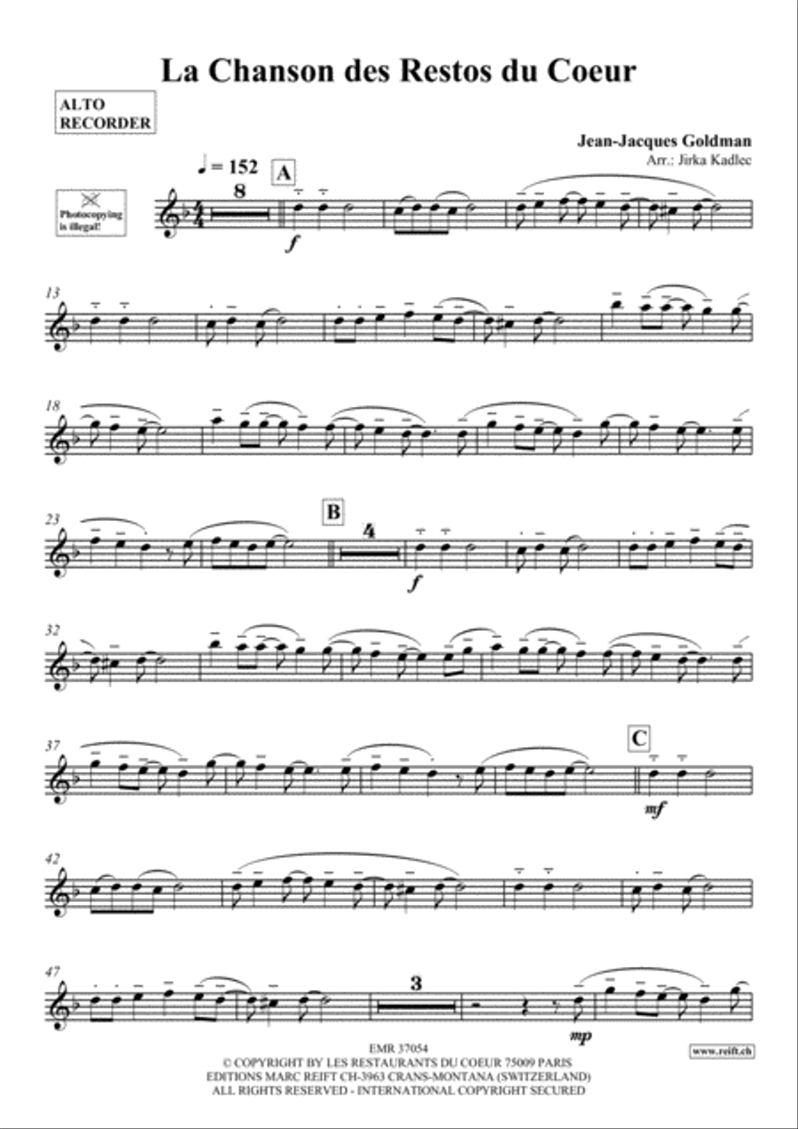 La Chanson des Restos du Coeur Alto Recorder scores gallery preview page 2