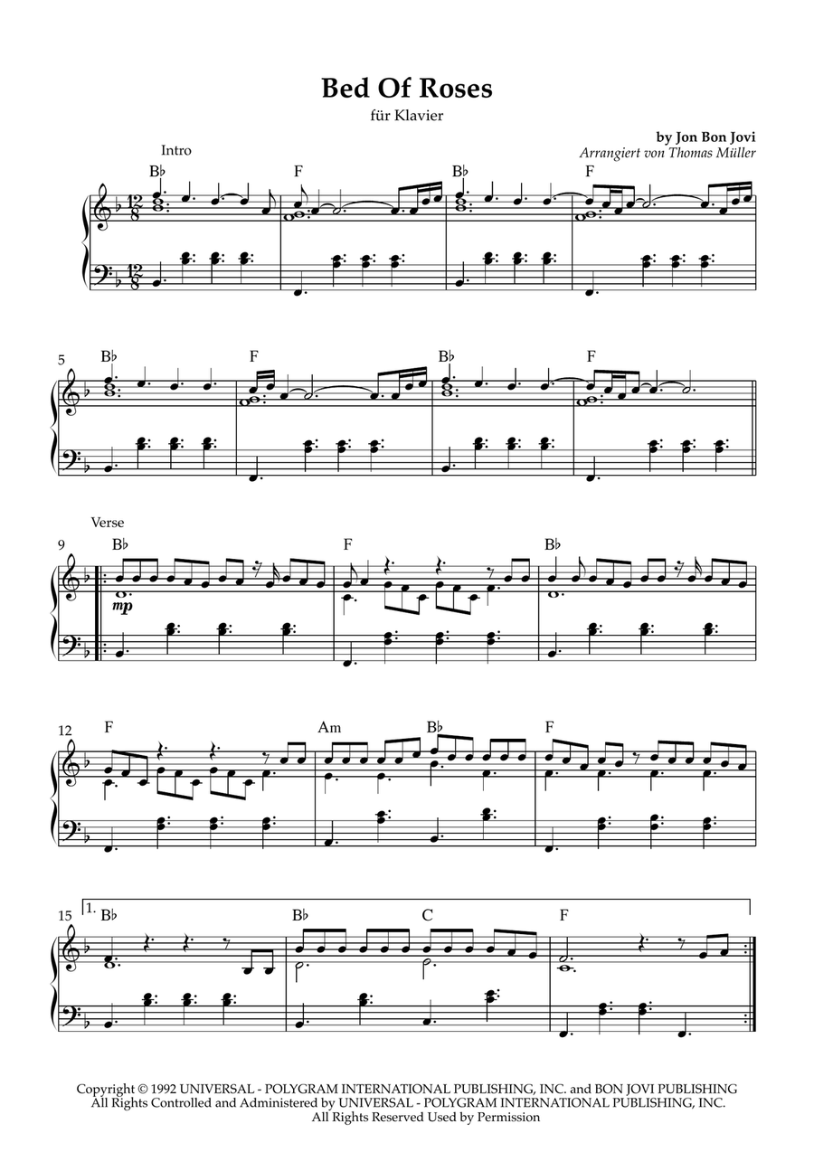 Bed Of Roses Piano Solo scores gallery preview page 1
