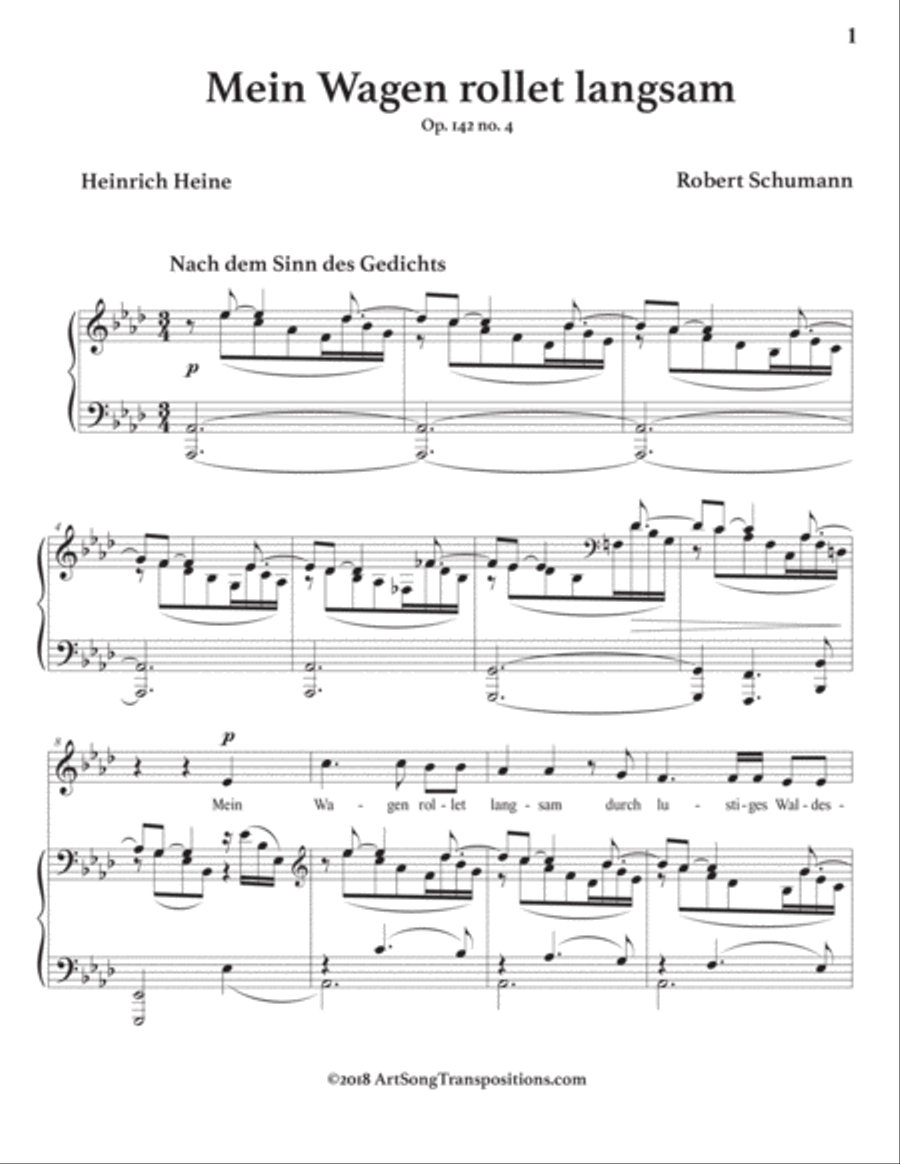 SCHUMANN: Mein Wagen rollet langsam, Op. 142 no. 4 (transposed to A-flat major) Voice scores gallery preview page 2
