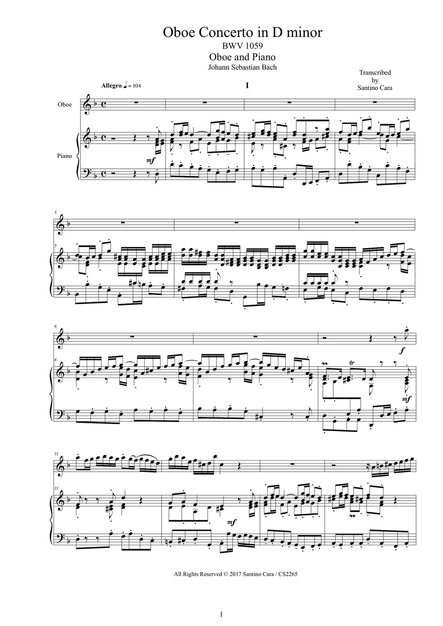 Bach - Oboe Concerto in D minor BWV 1059 for Oboe and Piano - Score and Part Piano scores gallery preview page 1