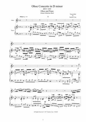 Bach - Oboe Concerto in D minor BWV 1059 for Oboe and Piano - Score and Part