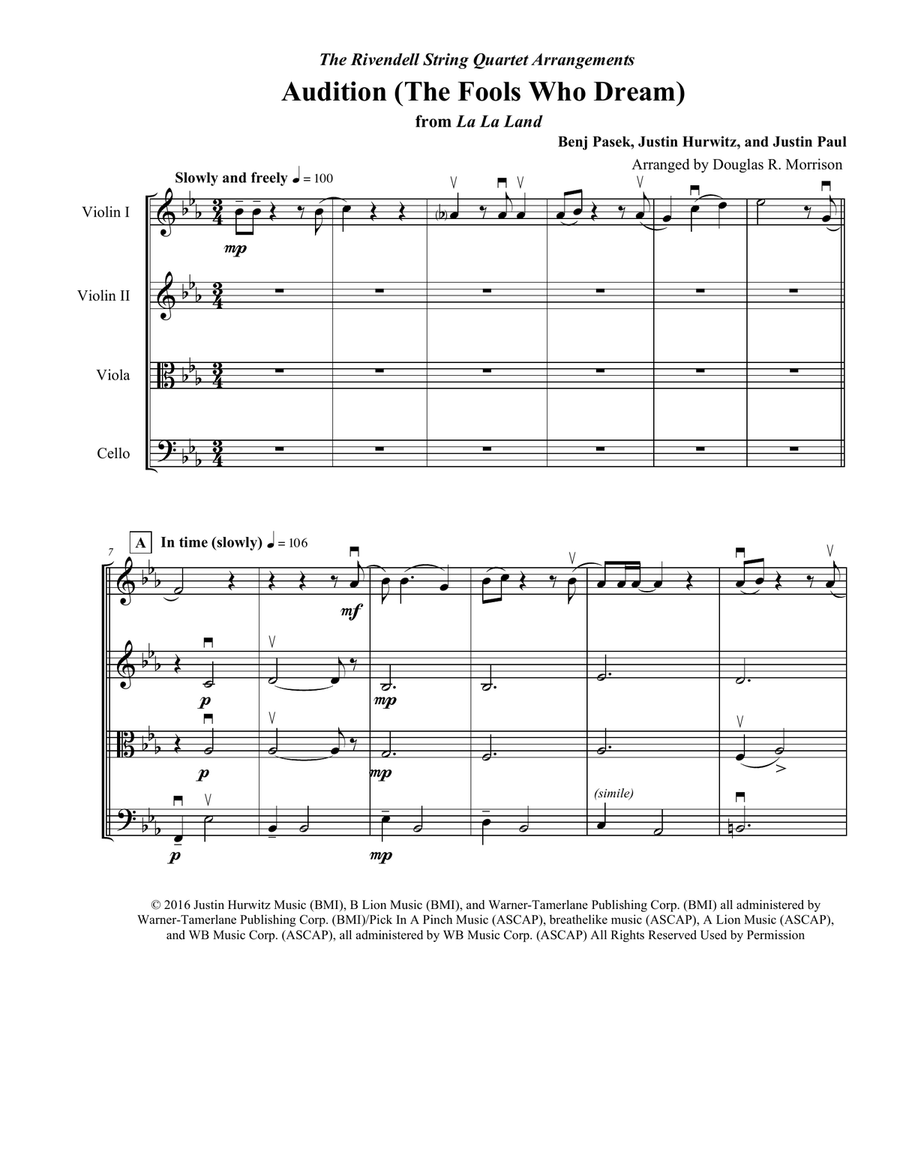Audition (the Fools Who Dream) String Quartet scores gallery preview page 2