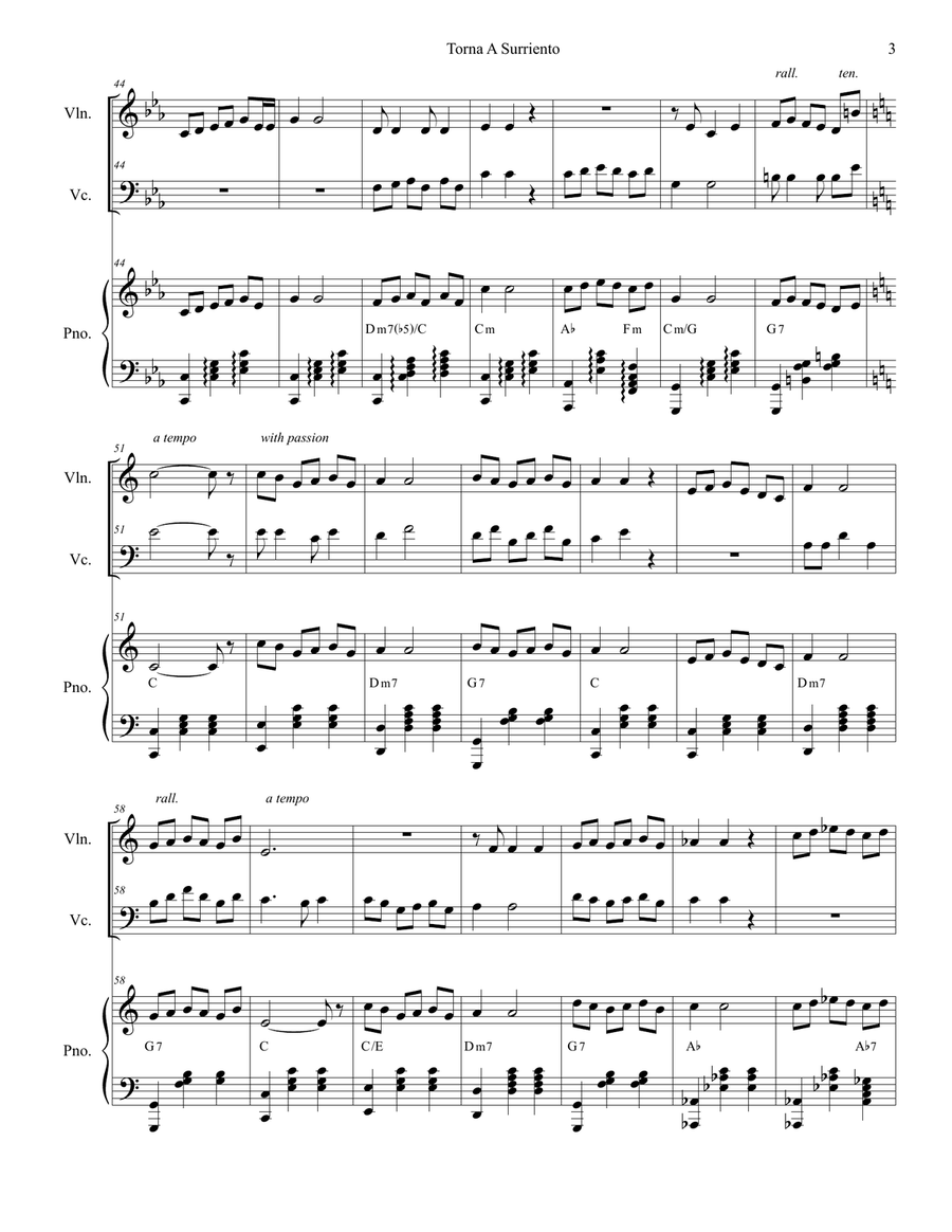 Torna A Surriento (Come Back to Sorrento) (Duet for Violin and Cello) Piano Trio scores gallery preview page 4