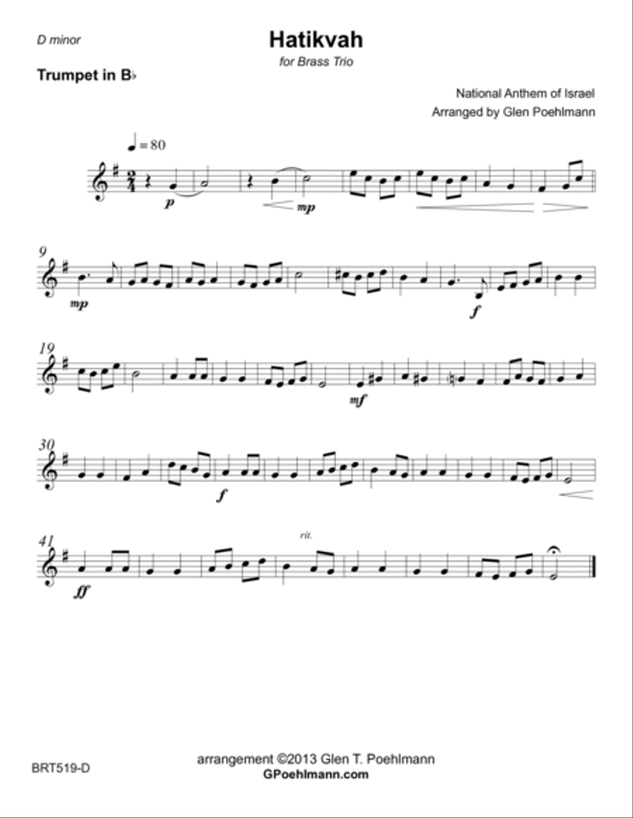 HATIKVAH (National Anthem of Israel) - BRASS TRIO (unaccompanied) Brass Trio scores gallery preview page 3