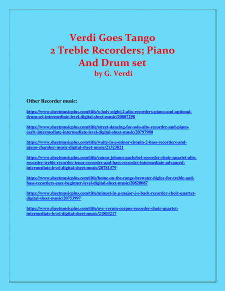 Verdi Goes Tango - G.Verdi - 2 Treble Recorders, Piano and Drum Set image number null