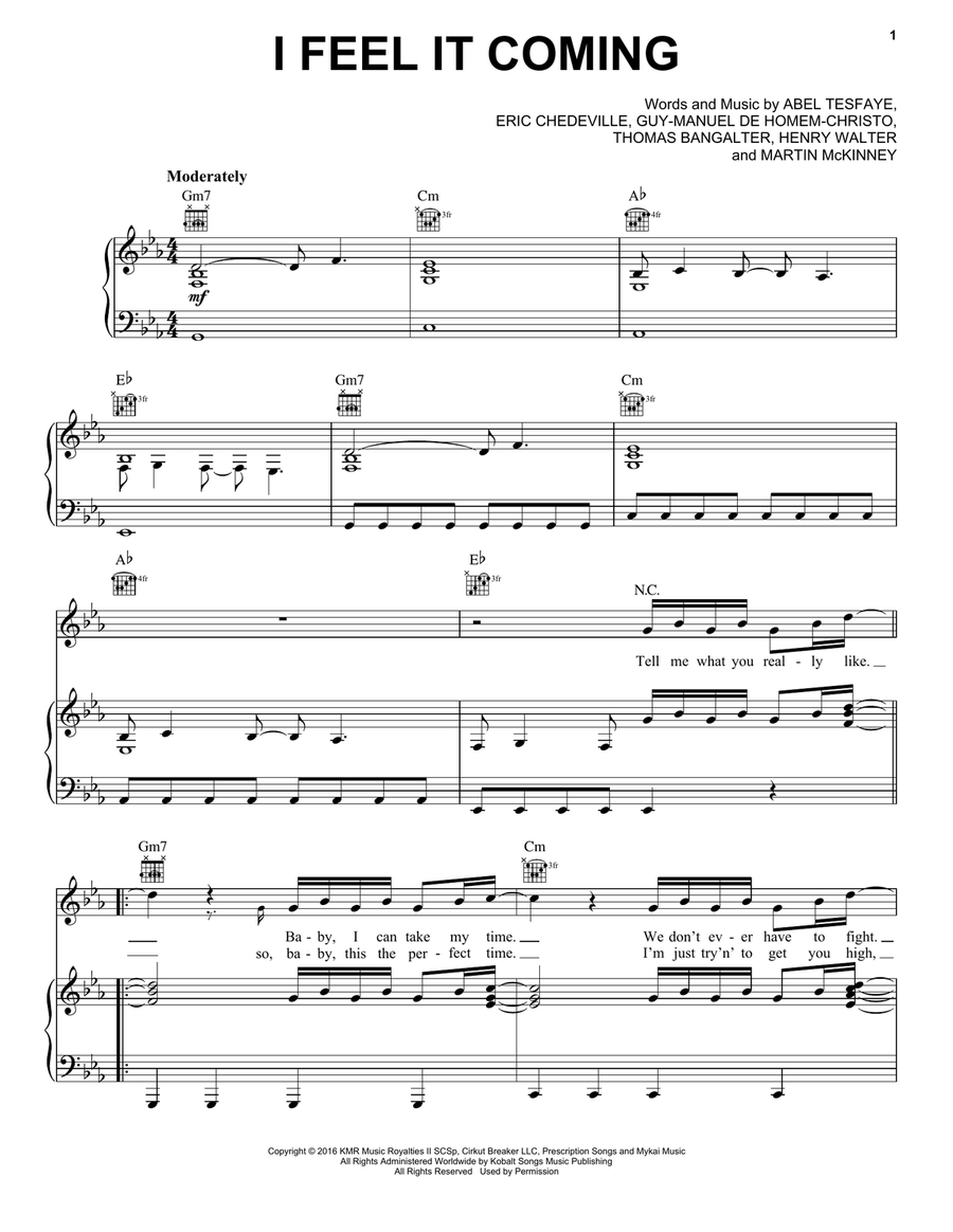 I Feel It Coming Piano, Vocal, Guitar scores gallery preview page 1