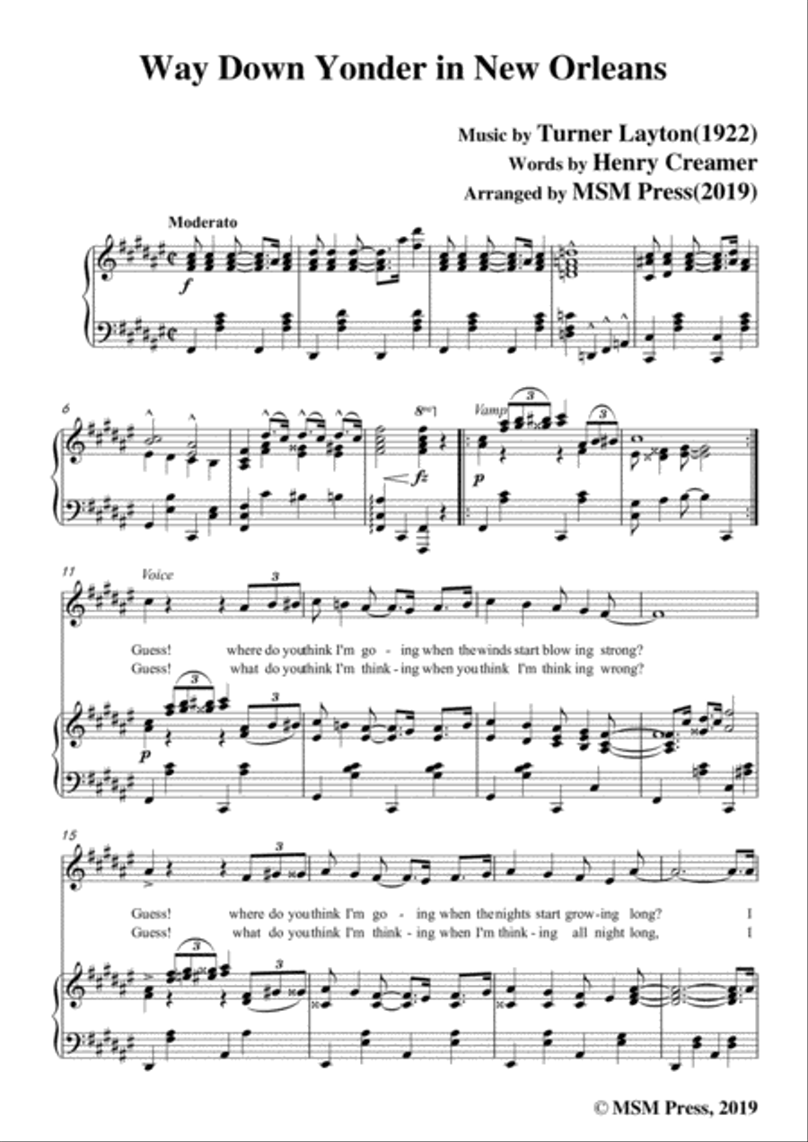 Turner Layton-Way Down Yonder in New Orleans,in F sharp Major,for Voice&Pno Voice scores gallery preview page 3