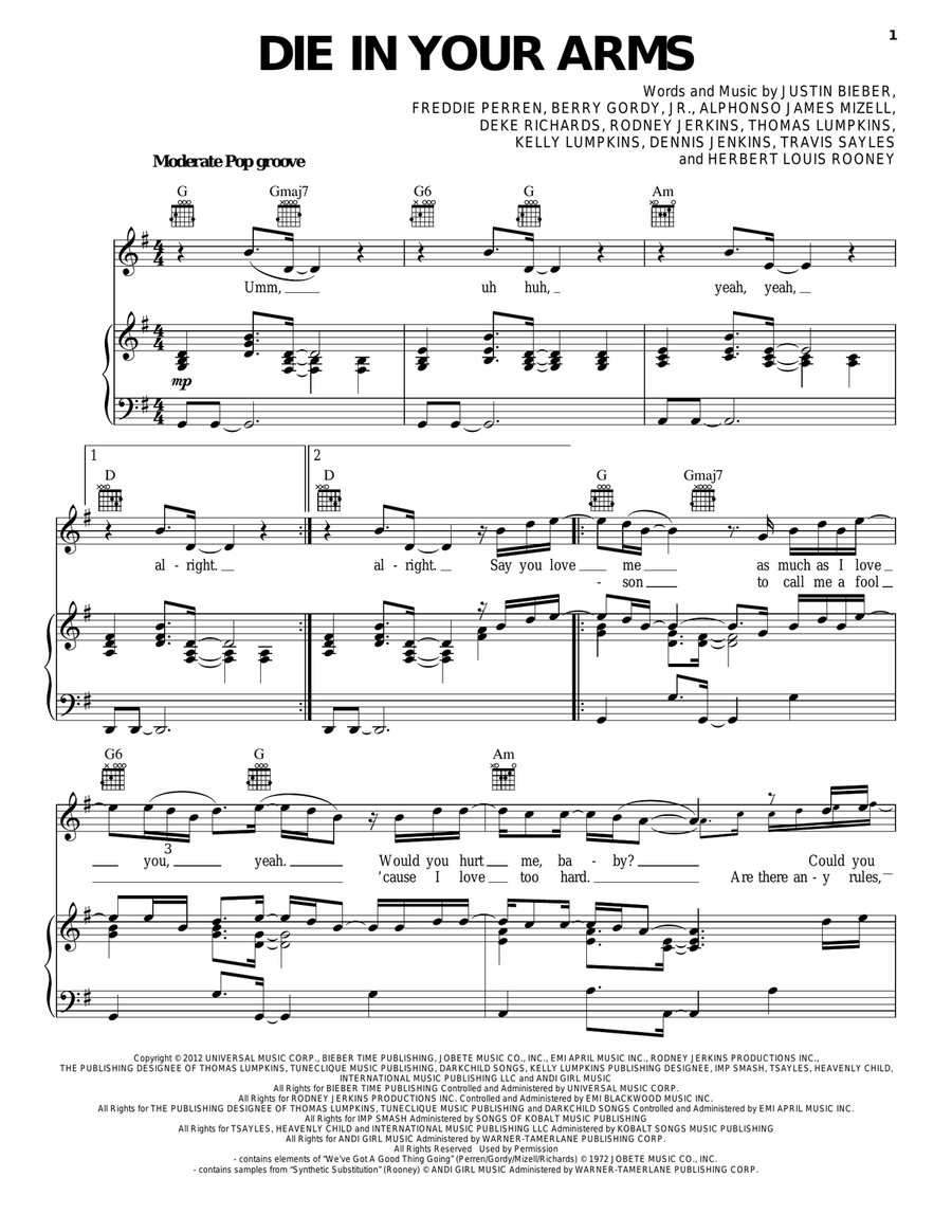 Die In Your Arms Piano, Vocal, Guitar scores gallery preview page 1