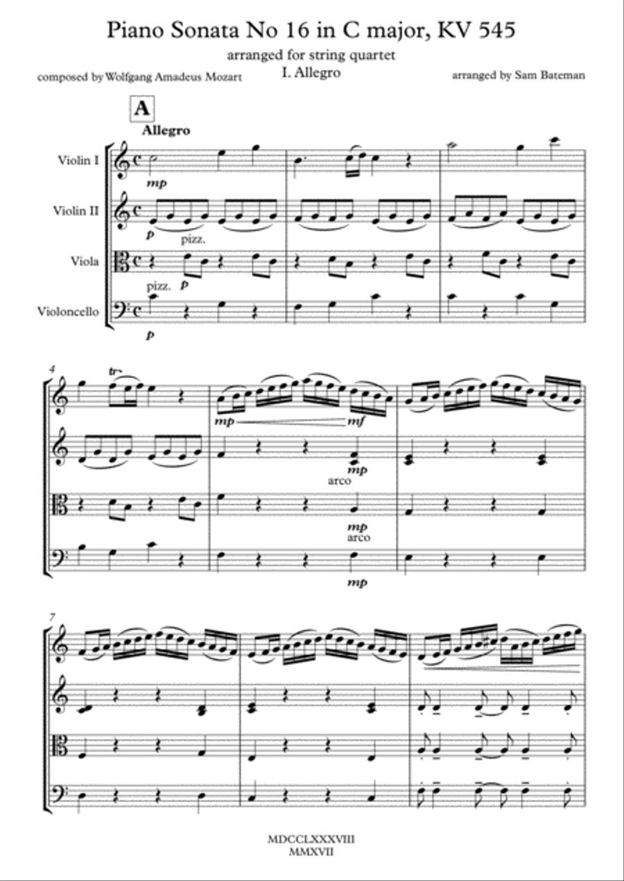 Mozart - Piano Sonata No. 16 in C major (first movement) String Quartet scores gallery preview page 1
