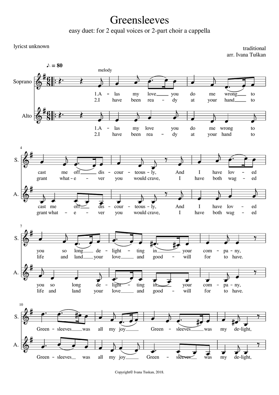 Greensleeves, easy duet SA or 2 – part choir a cappella, E minor SA scores gallery preview page 1