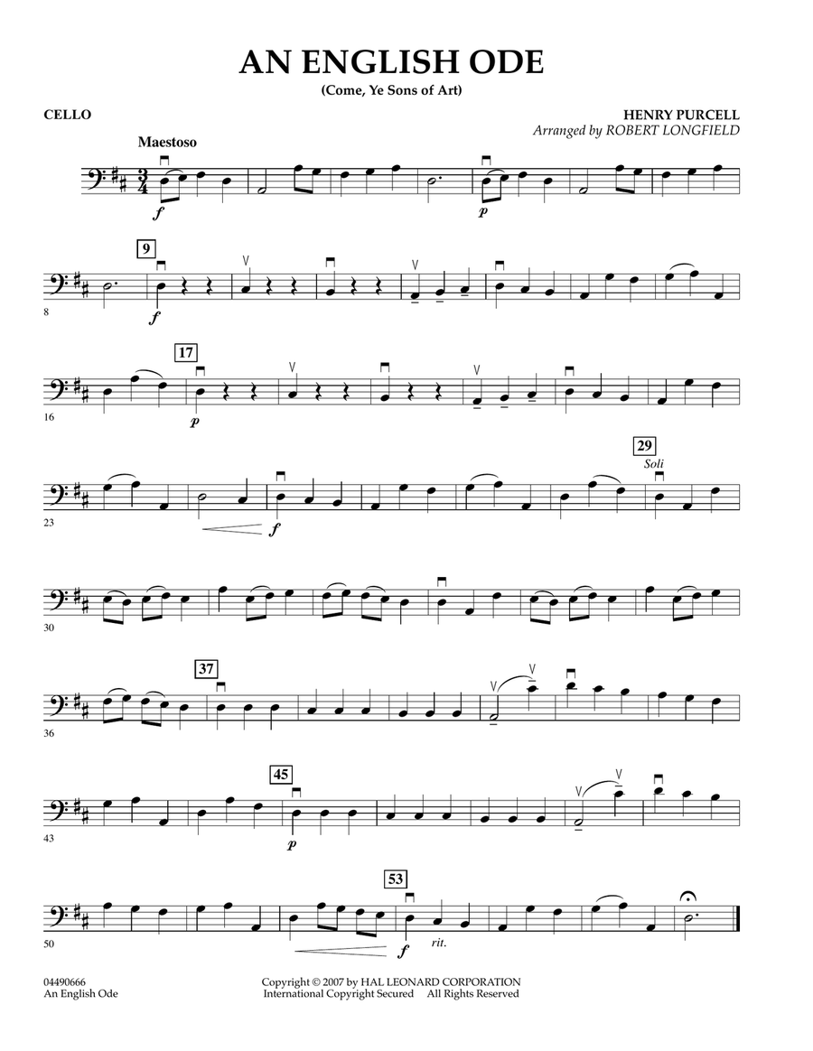 An English Ode (Come, Ye Sons of Art) - Cello Orchestra scores gallery preview page 1