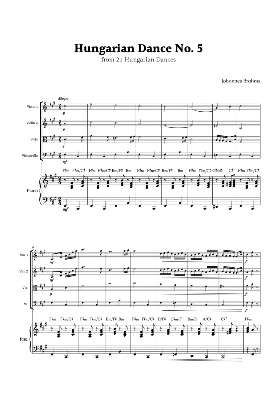 Hungarian Dance No. 5 by Brahms for String Quartet and Piano String Quartet scores gallery preview page 1