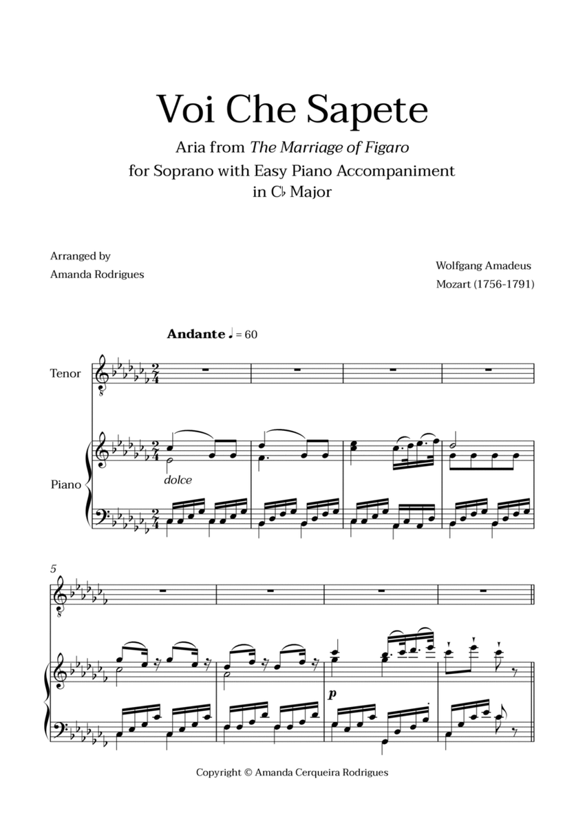 Voi Che Sapete from "The Marriage of Figaro" - Easy Tenor and Piano Aria Duet in Cb Major image number null