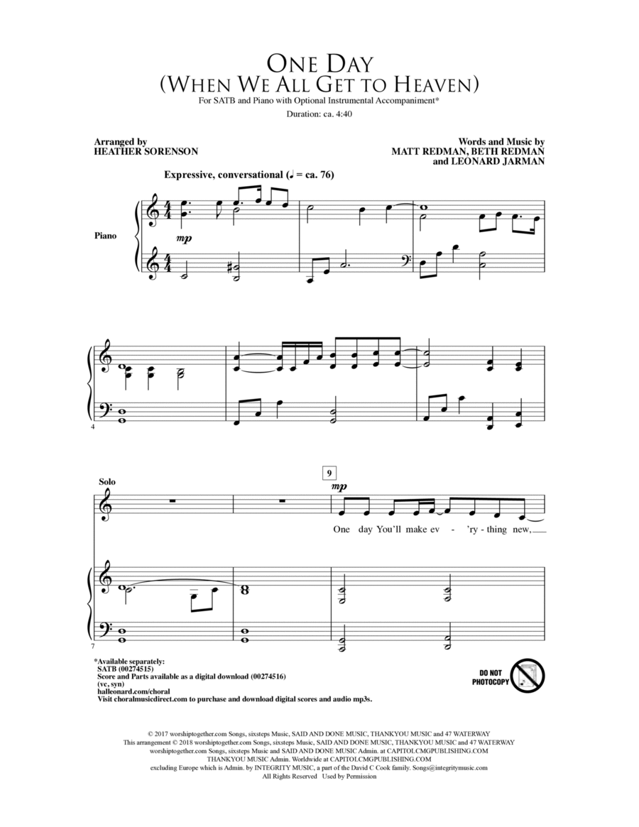 One Day (When We All Get To Heaven) (Arr. Heather Sorenson) 4-Part scores gallery preview page 1