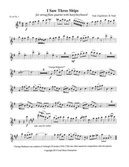 I Saw Three Ships (parts), arranged for string quartet or flute quartet with harp or keyboard image number null