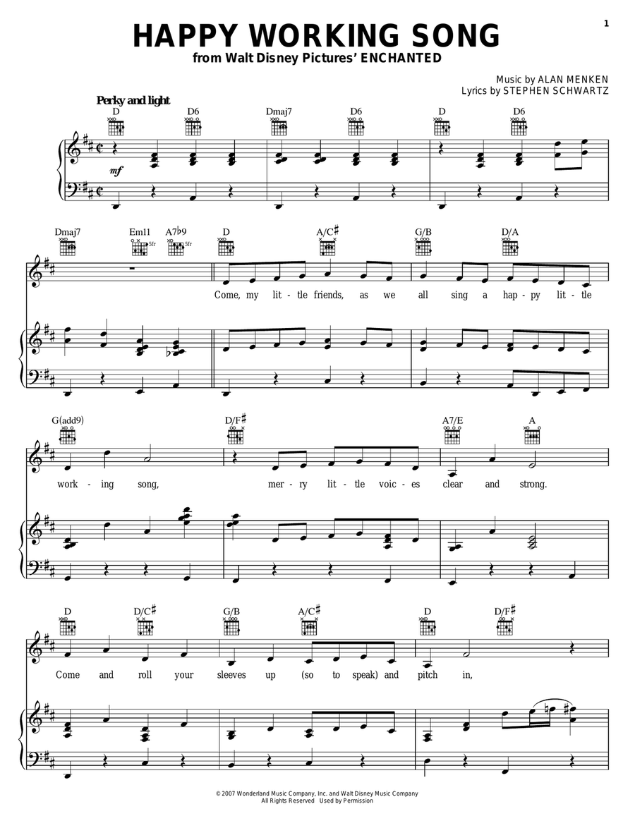 Happy Working Song (from Enchanted) Piano, Vocal, Guitar scores gallery preview page 1