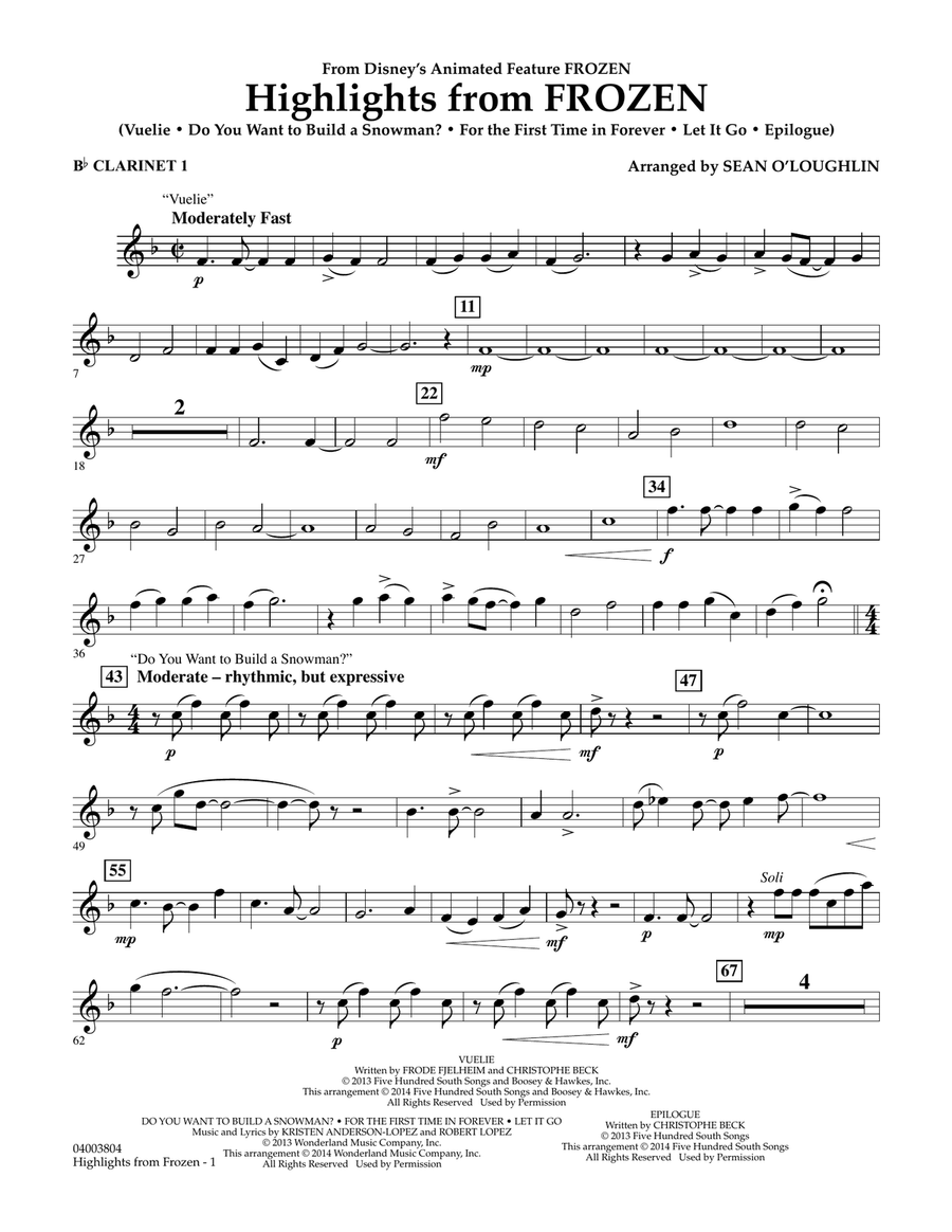 Highlights from Frozen (arr. Sean O'Loughlin) - Bb Clarinet 1 Concert Band scores gallery preview page 1