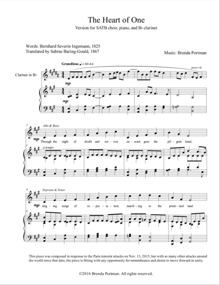 The Heart of One (SATB/piano/clarinet) - Brenda Portman 4-Part scores gallery preview page 1