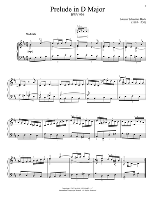 Book cover for Prelude In D Major, BWV 936