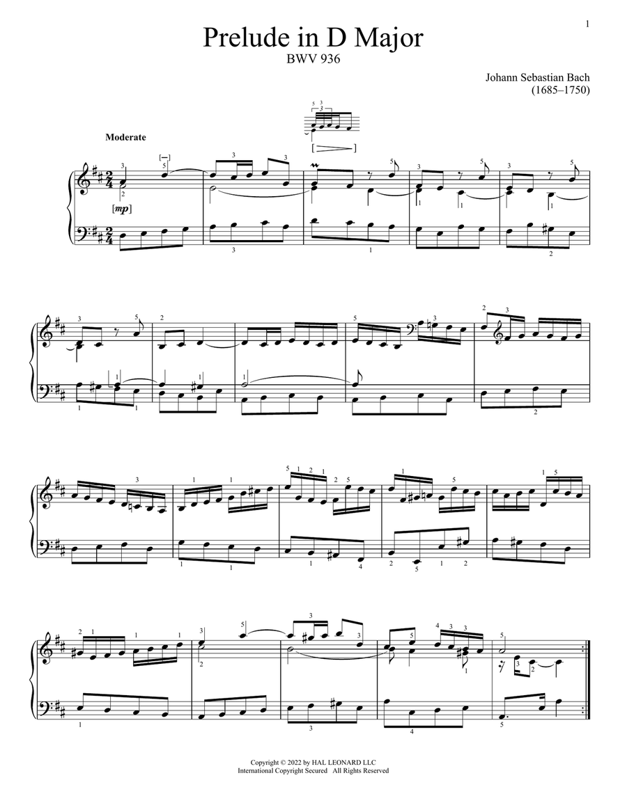 Book cover for Prelude In D Major, BWV 936