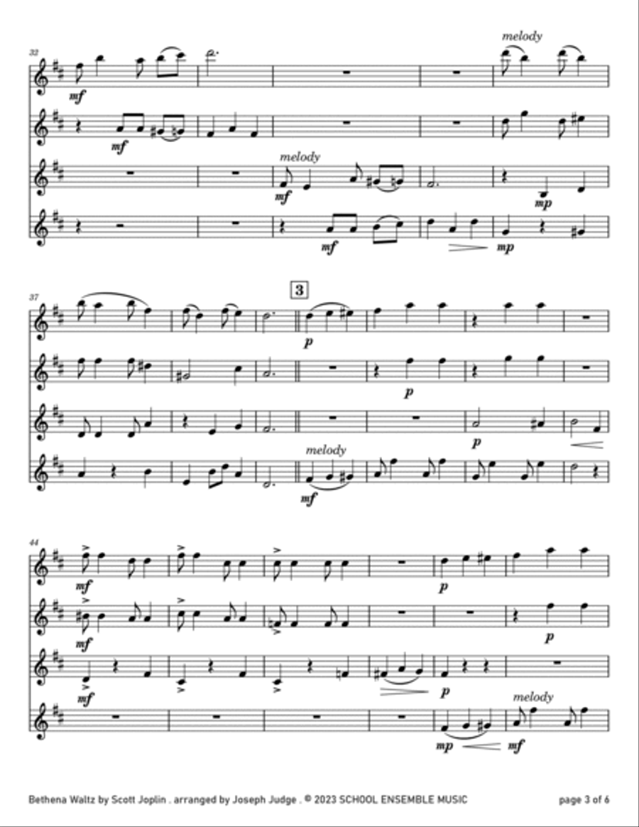 Bethena Waltz by Scott Joplin for Clarinet Quartet in Schools Clarinet Quartet scores gallery preview page 3