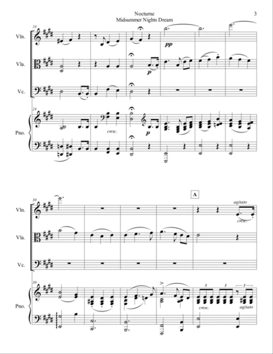 Felix Mendelssohn - Nocturne (from A Midsummer Night's Dream) arr. for piano quartet (score and part