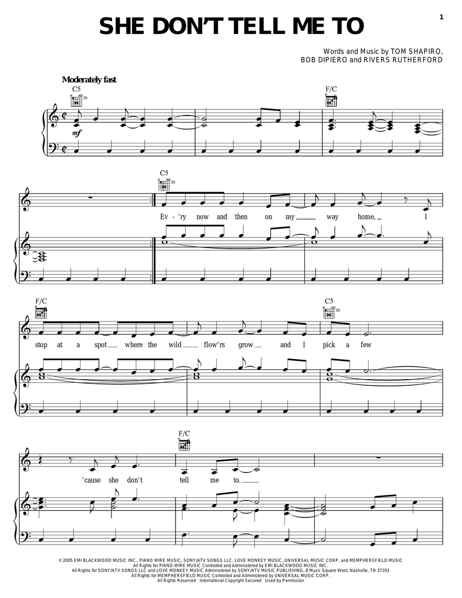 She Don't Tell Me To Piano, Vocal, Guitar scores gallery preview page 1