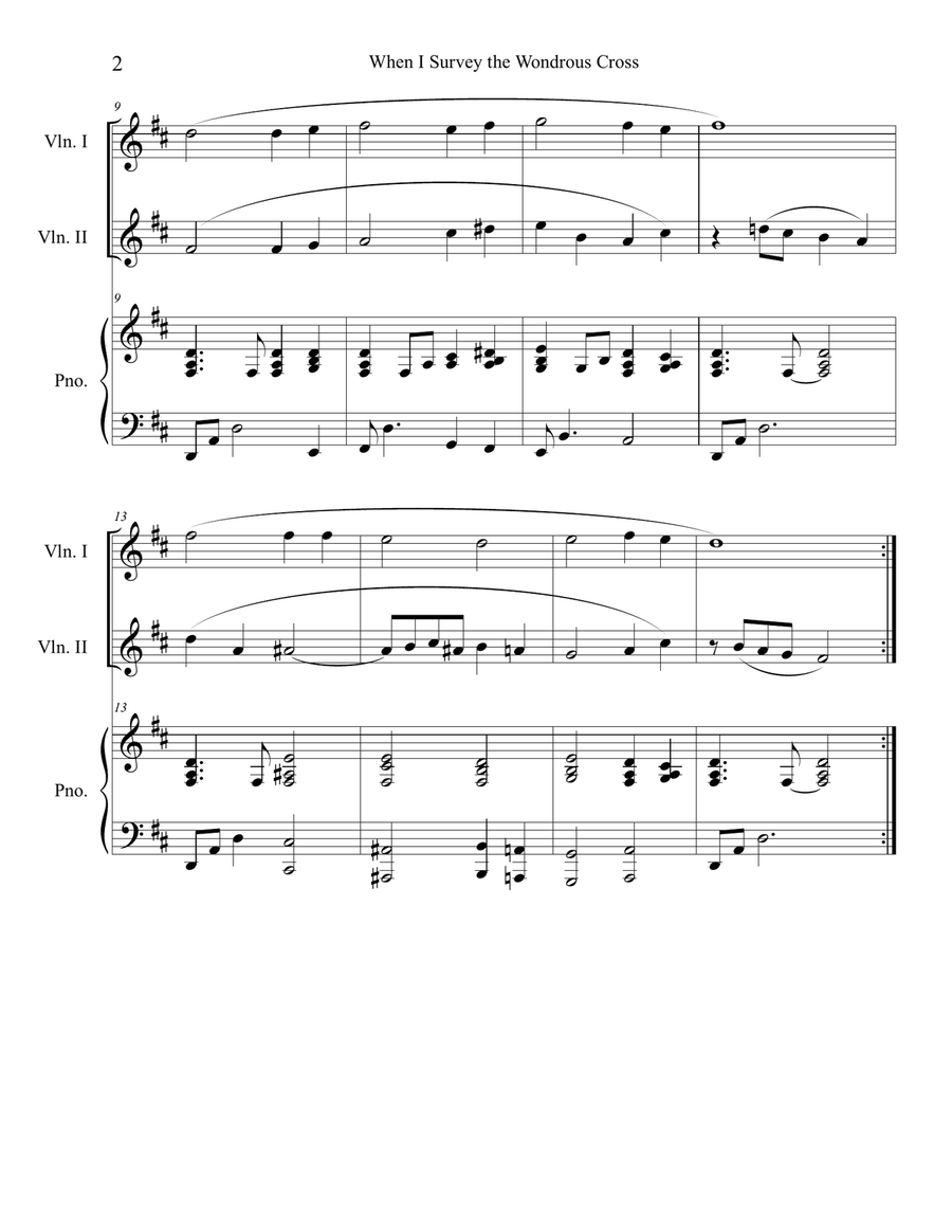 When I Survey the Wondrous Cross (Violin Duet) with optional piano accompaniment String Duet scores gallery preview page 2