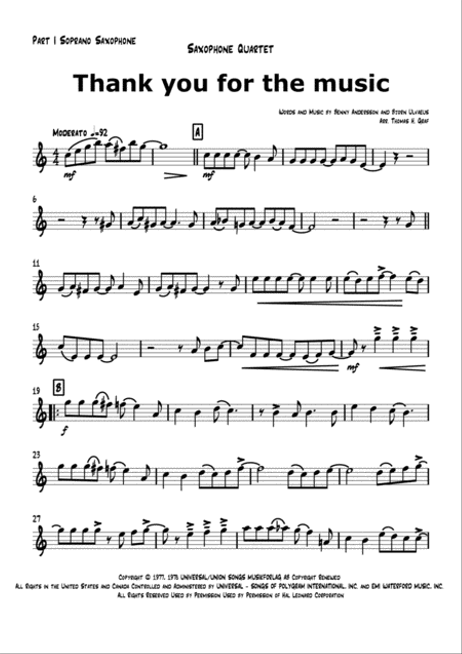 Thank You For The Music Saxophone Quartet scores gallery preview page 4