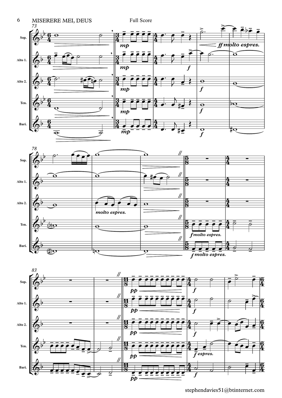 Miserere Mei, Deus by Gregorio Allegri (1582-1652) for Saxophone Quintet. Saxophone Quintet scores gallery preview page 6