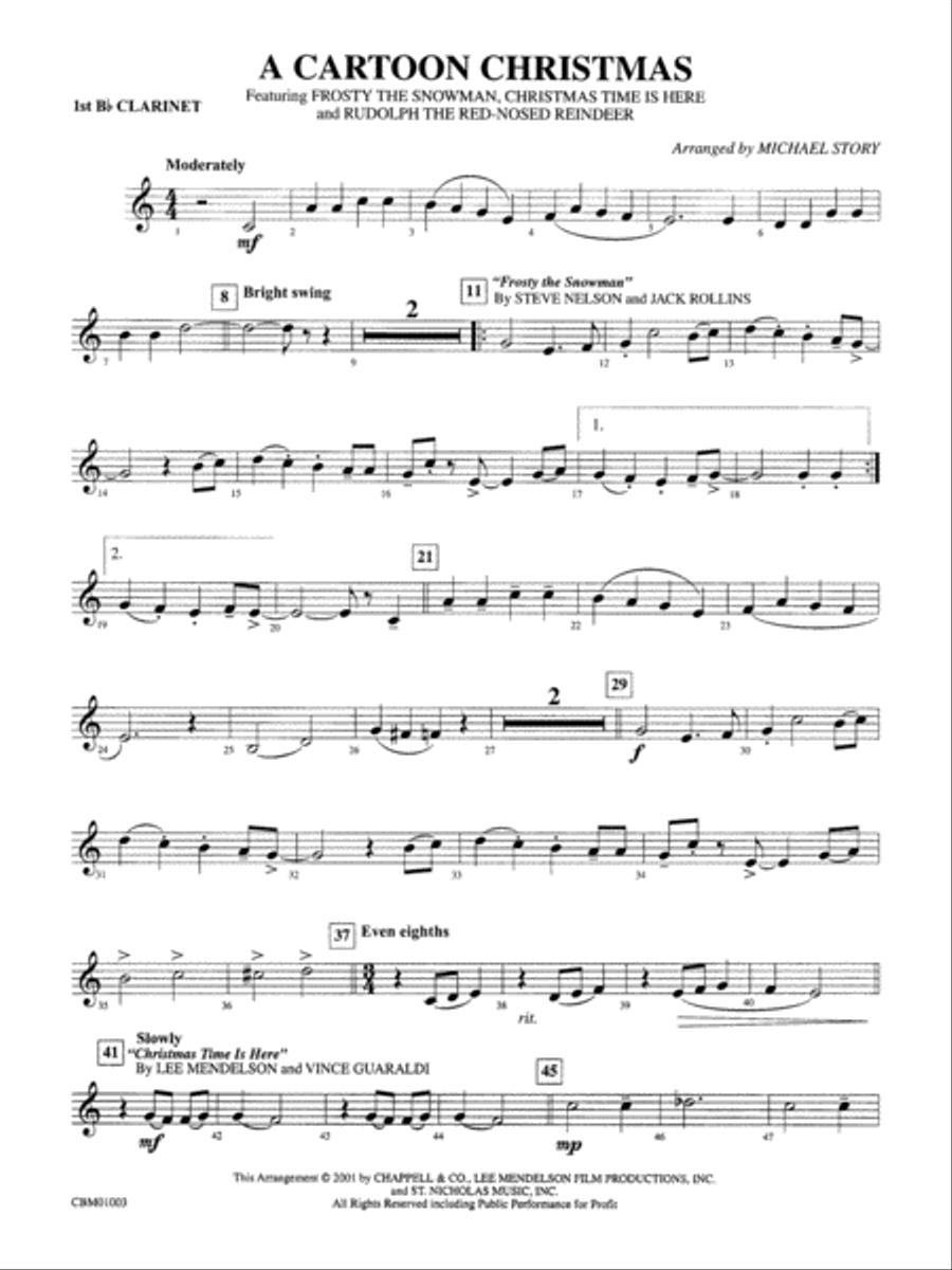 A Cartoon Christmas: 1st B-flat Clarinet Concert Band scores gallery preview page 1