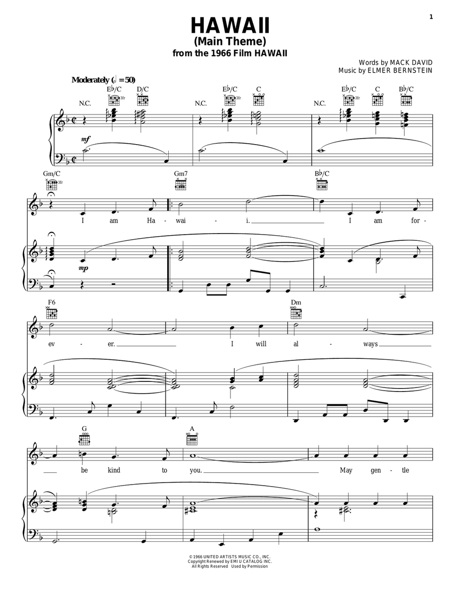 Hawaii (Main Theme) Piano, Vocal, Guitar scores gallery preview page 1