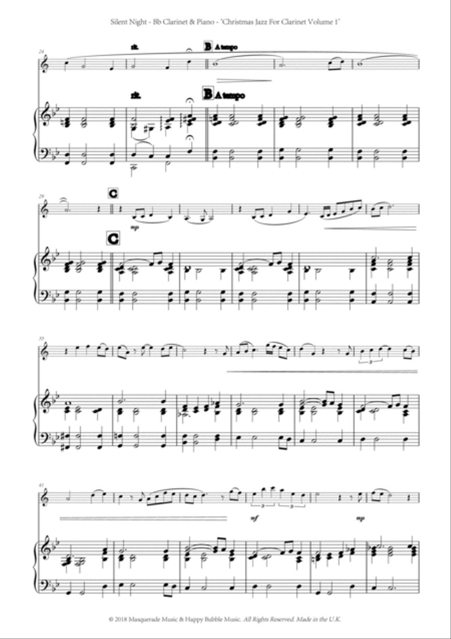 Silent Night ; A Shmooshy jazz arrangement for Bb Clarinet and Piano. Includes FREE demonstration, a B-Flat Clarinet scores gallery preview page 2