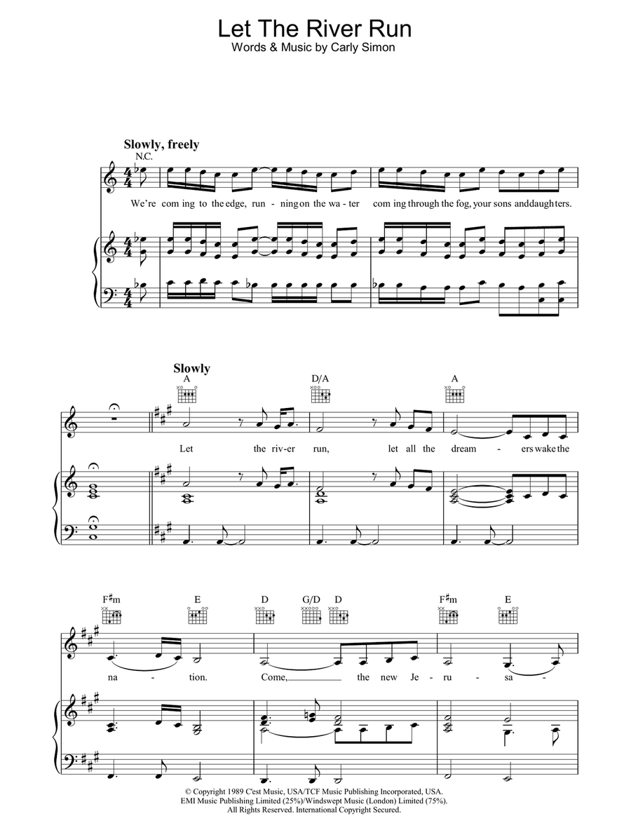 Let The River Run Piano, Vocal, Guitar scores gallery preview page 1