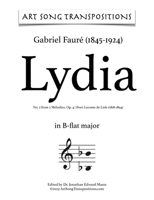 Book cover for FAURÉ: Lydia, Op. 4 no. 2 (transposed to B-flat major)