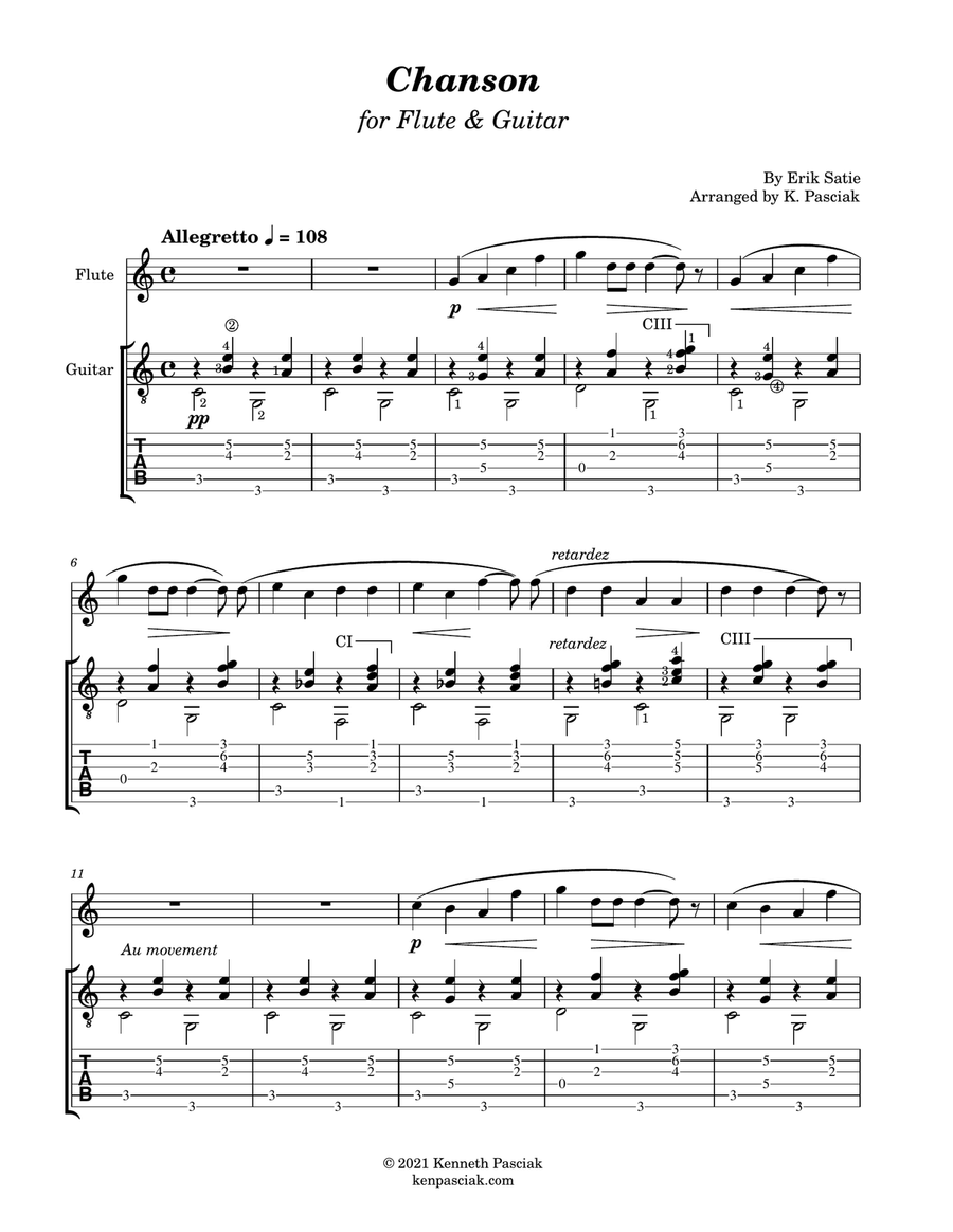 Chanson (for Flute or Violin and Guitar) Flute scores gallery preview page 3